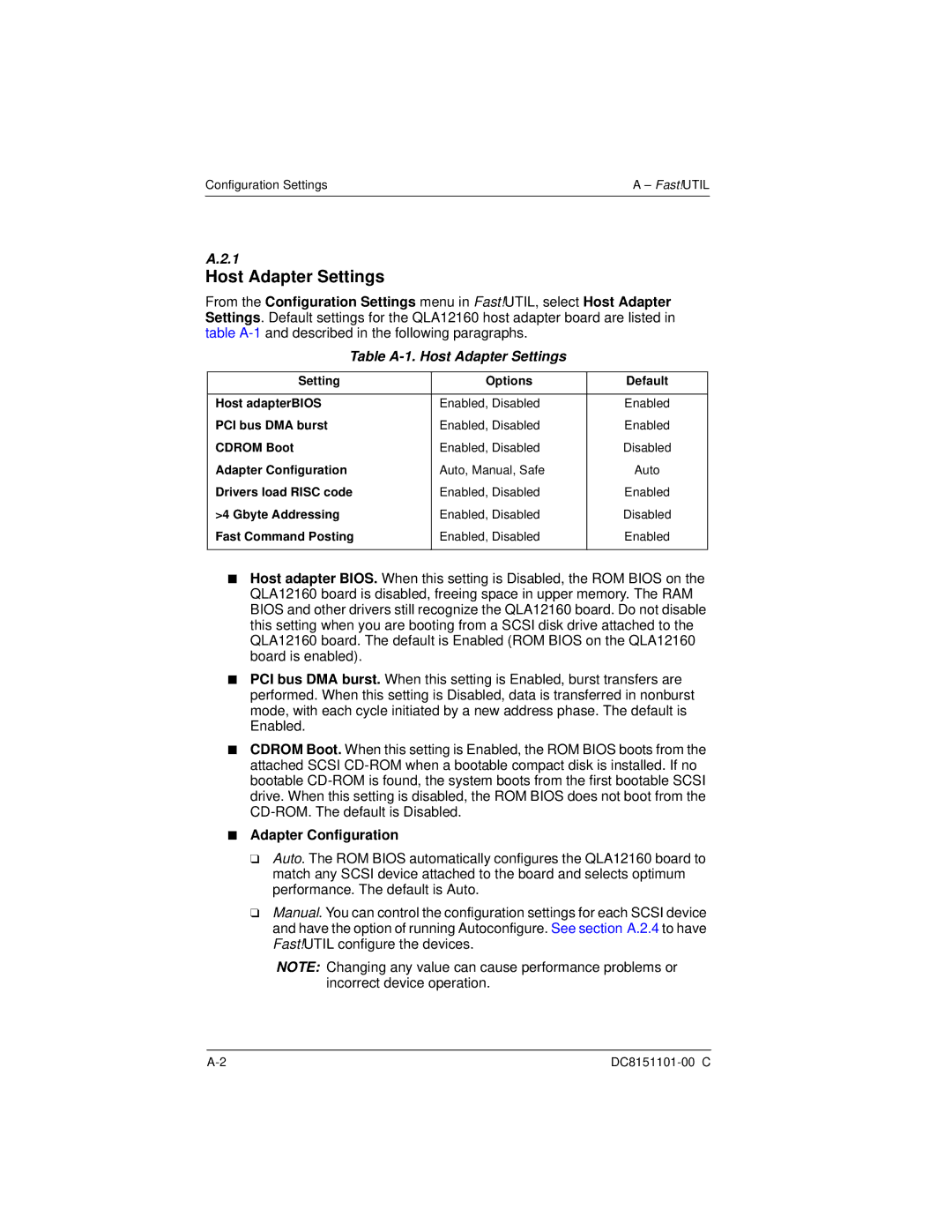 Q-Logic QLA12160 manual Table A-1. Host Adapter Settings 