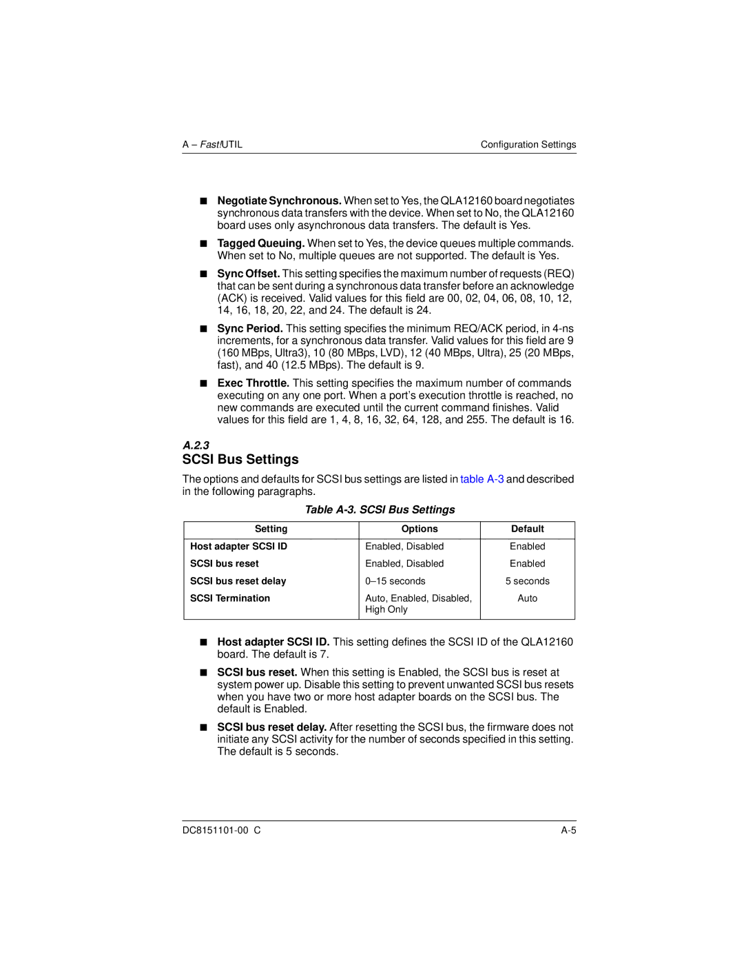 Q-Logic QLA12160 manual Table A-3. Scsi Bus Settings 