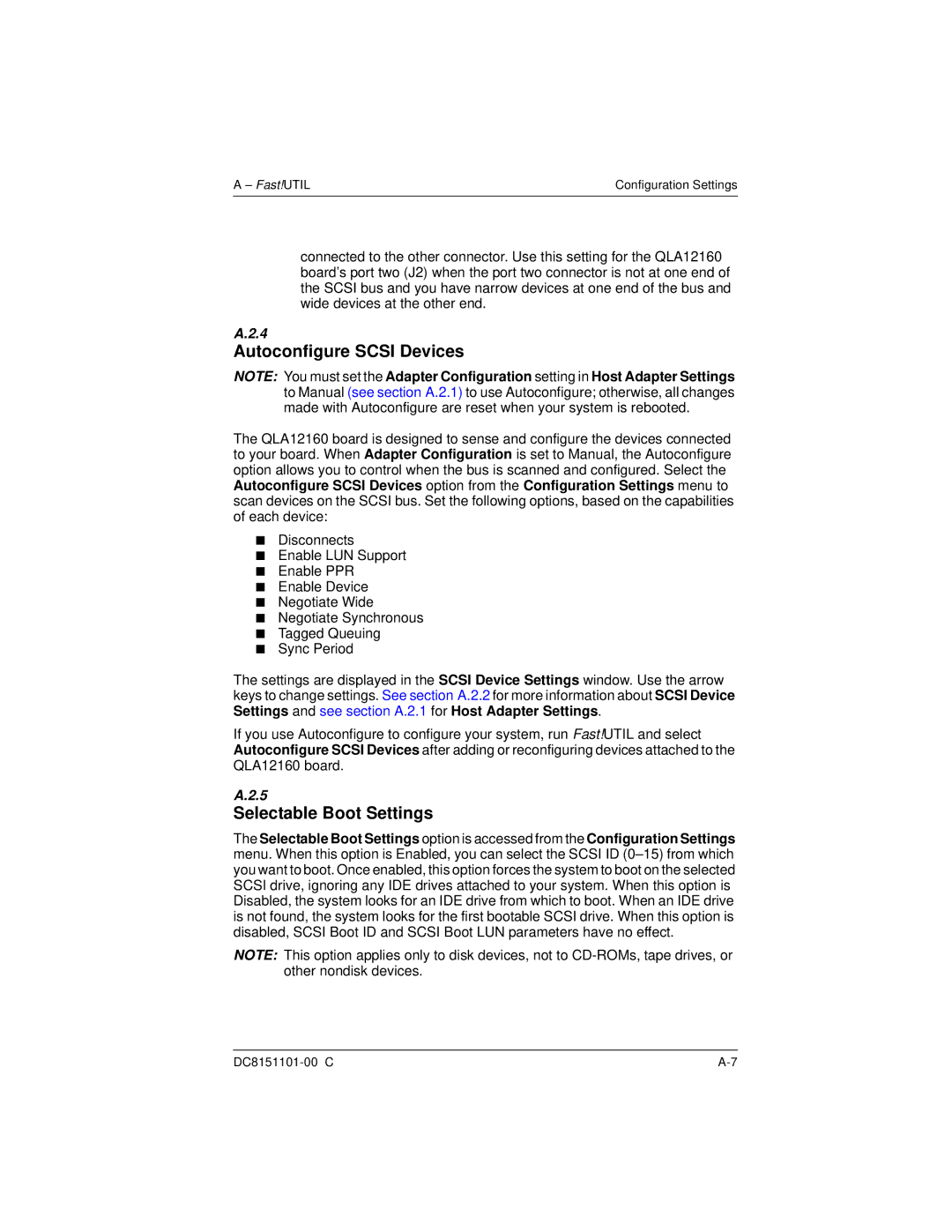 Q-Logic QLA12160 manual Autoconfigure Scsi Devices, Selectable Boot Settings 