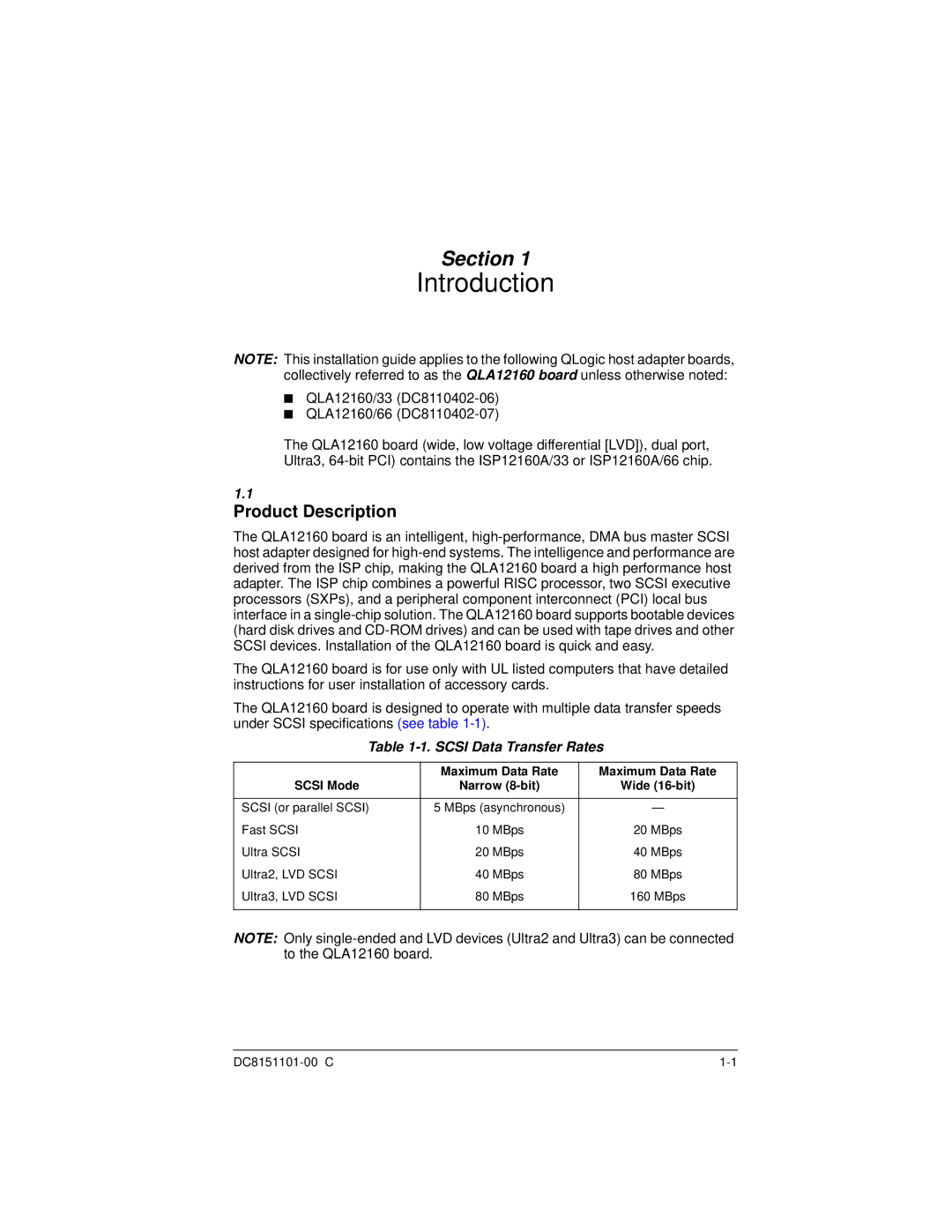 Q-Logic QLA12160 manual Introduction, Product Description, Scsi Data Transfer Rates 