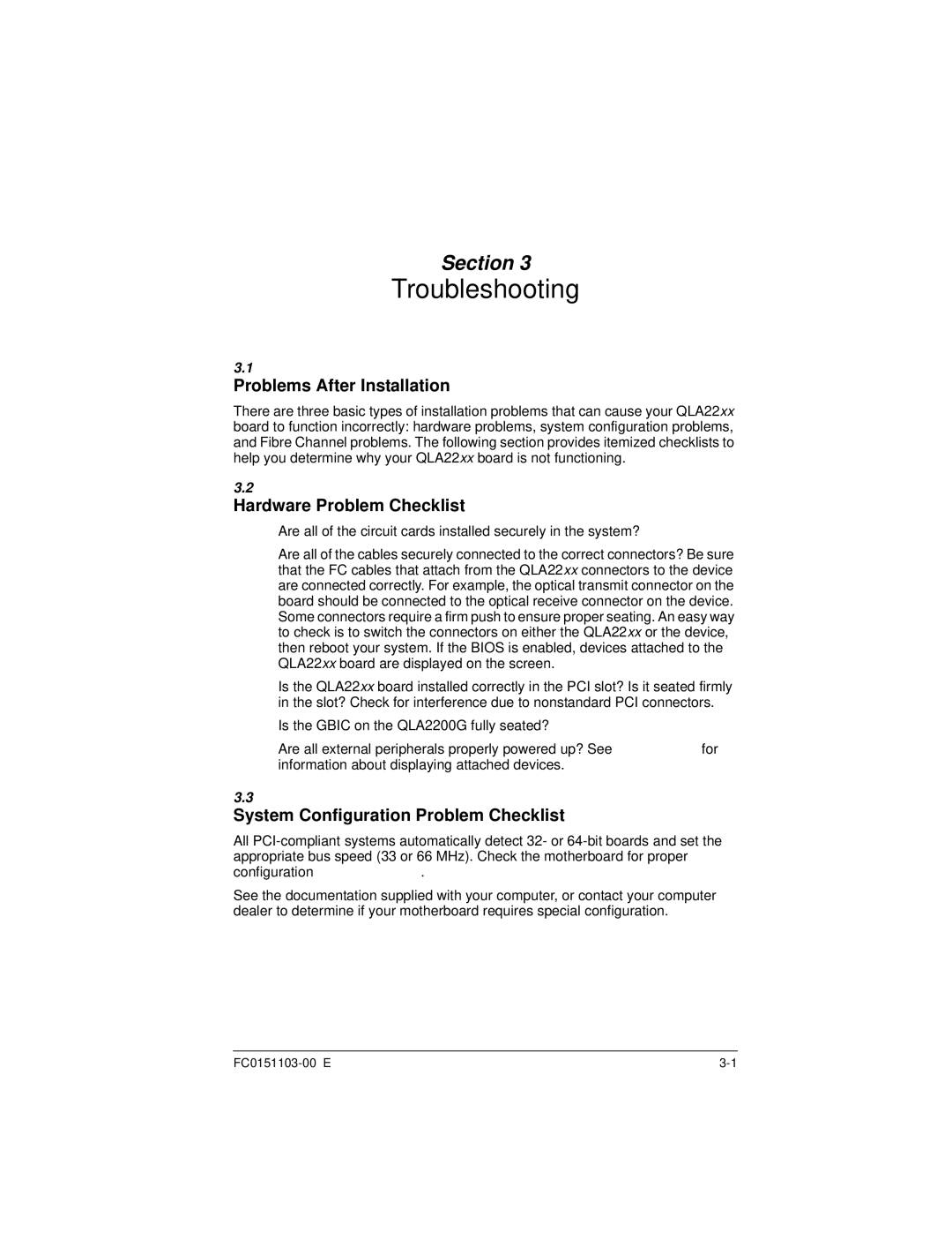 Q-Logic QLA22XX manual Problems After Installation, Hardware Problem Checklist, System Configuration Problem Checklist 