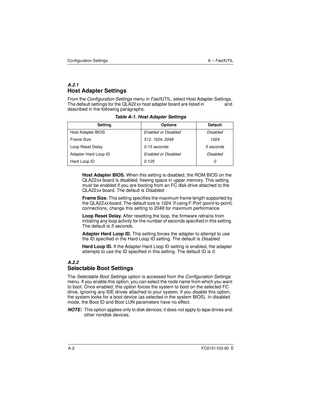 Q-Logic QLA22XX manual Selectable Boot Settings, Table A-1. Host Adapter Settings 