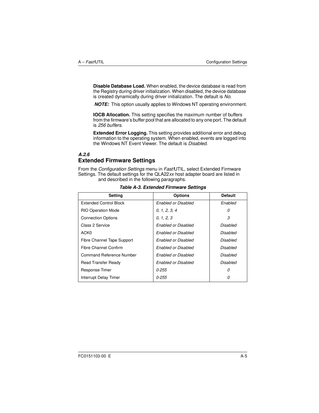 Q-Logic QLA22XX manual Table A-3. Extended Firmware Settings 