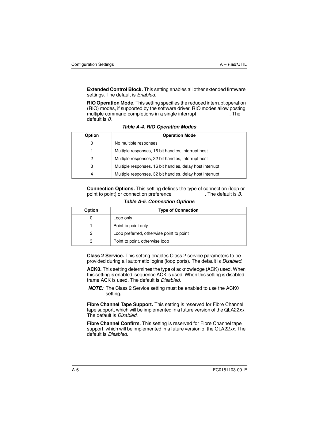 Q-Logic QLA22XX manual Table A-4. RIO Operation Modes, Table A-5. Connection Options 