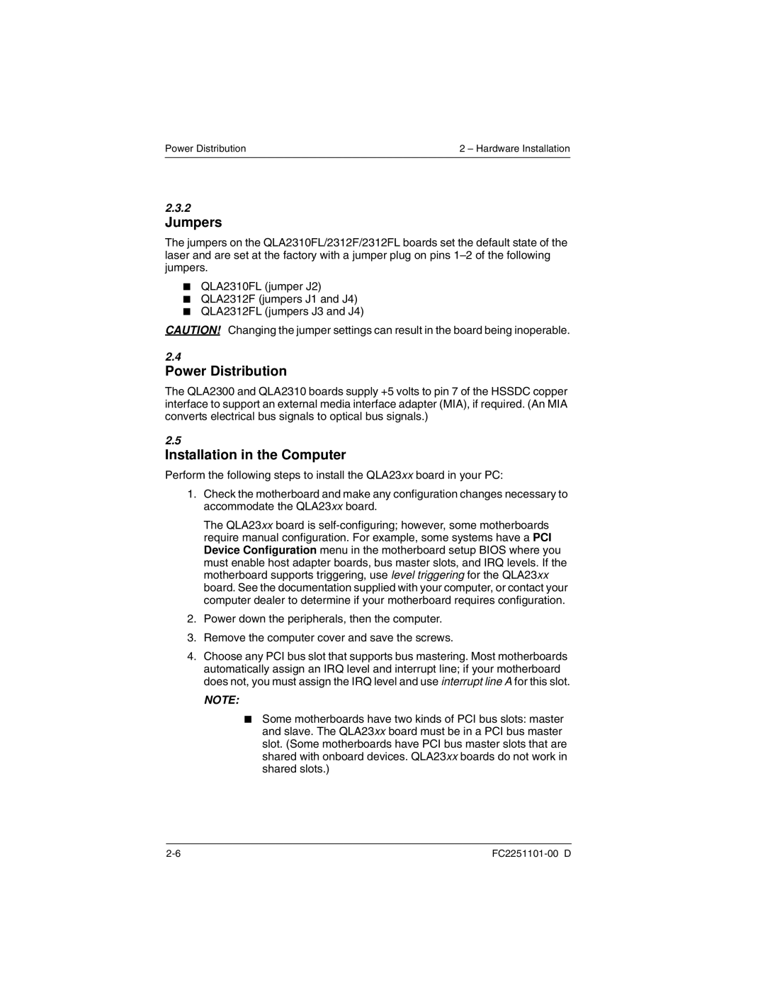 Q-Logic QLA2300 manual Jumpers, Power Distribution, Installation in the Computer 