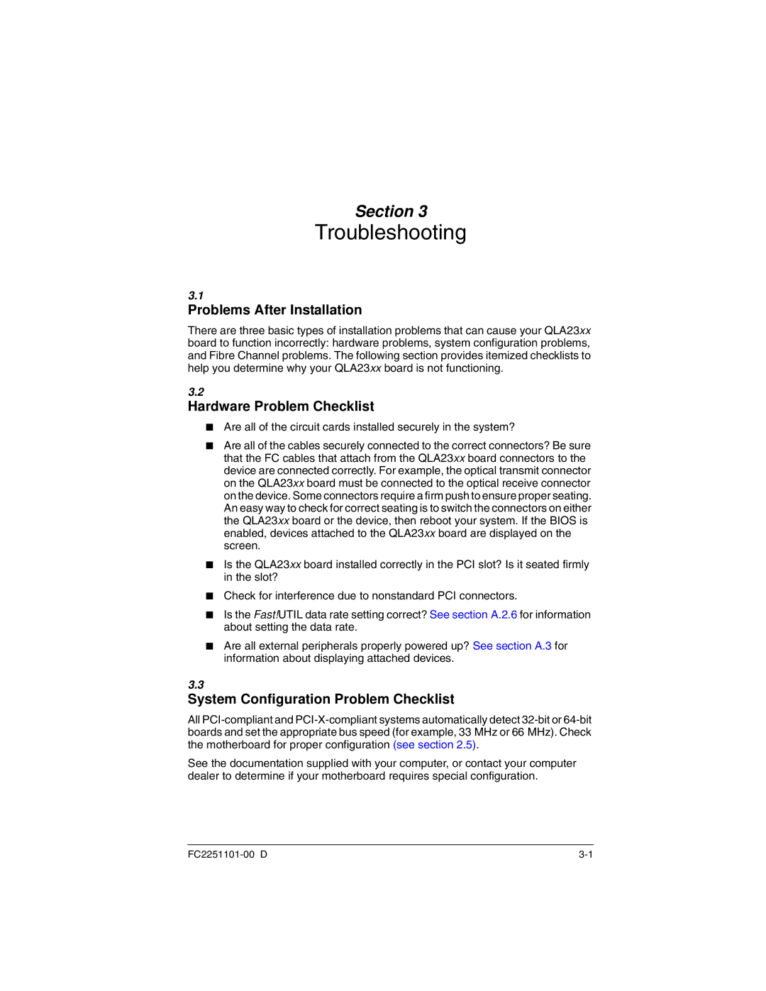 Q-Logic QLA2300 manual Troubleshooting, Problems After Installation, Hardware Problem Checklist 