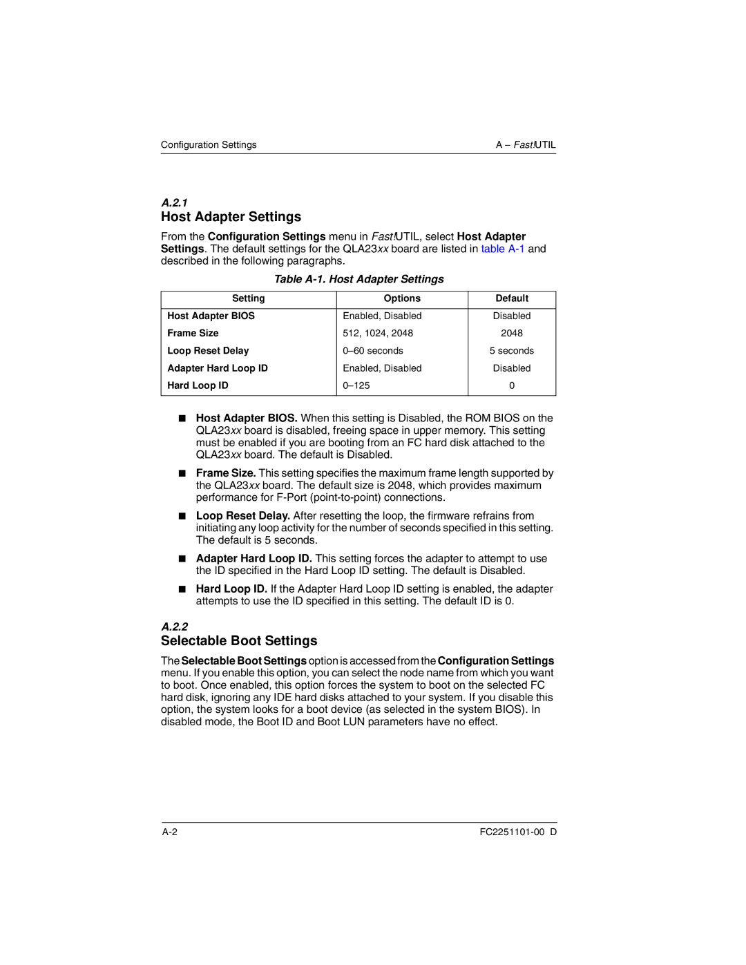 Q-Logic QLA2300 manual Selectable Boot Settings, Table A-1. Host Adapter Settings 