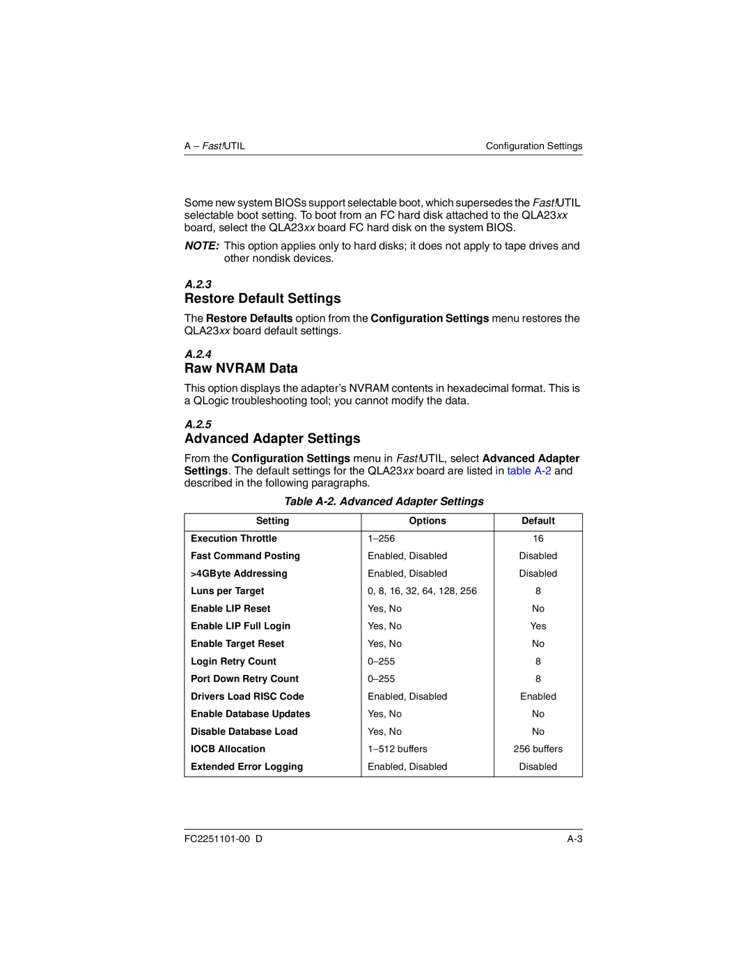 Q-Logic QLA2300 manual Restore Default Settings, Raw Nvram Data, Table A-2. Advanced Adapter Settings 