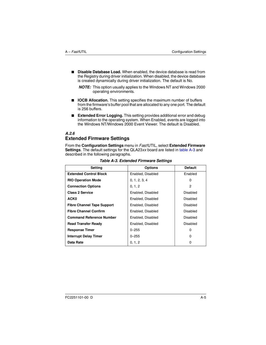 Q-Logic QLA2300 manual Table A-3. Extended Firmware Settings 