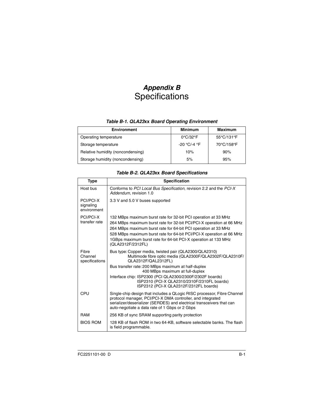 Q-Logic QLA2300 manual Table B-1. QLA23xx Board Operating Environment, Table B-2. QLA23xx Board Specifications 