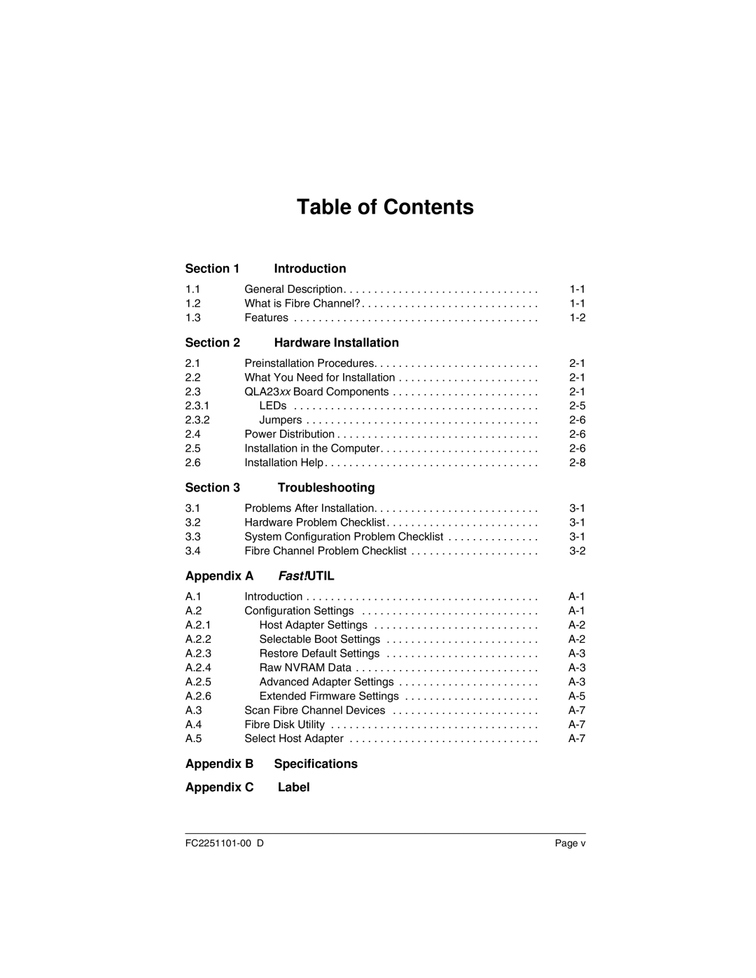 Q-Logic QLA2300 manual Table of Contents 