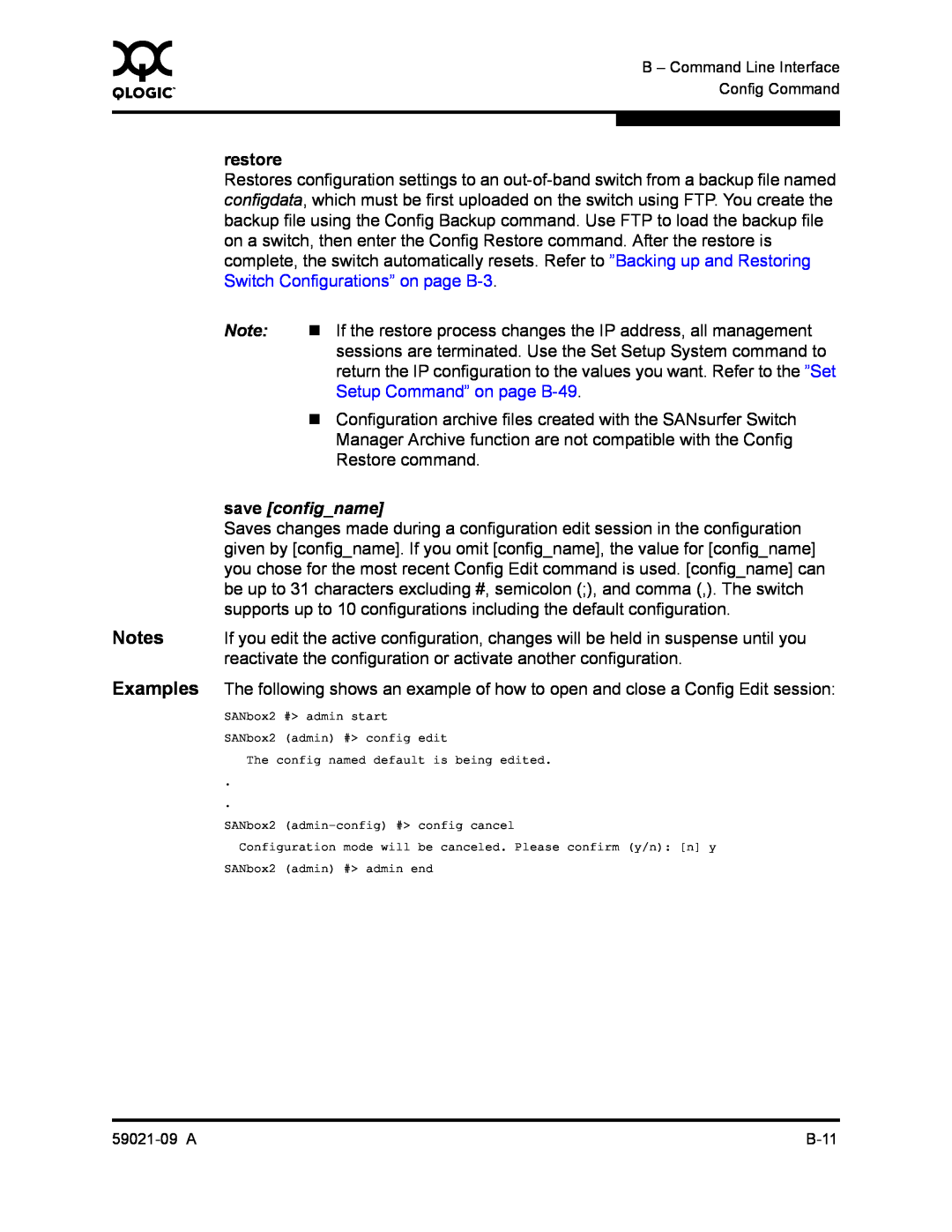 Q-Logic SB2A-16B, QLA2342 manual Setup Command” on page B-49, save configname, restore 