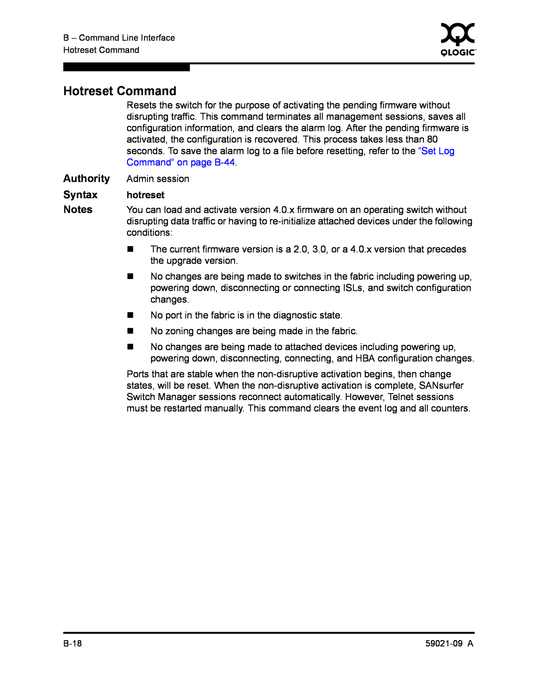 Q-Logic QLA2342, SB2A-16B manual Hotreset Command, Authority, Syntax, hotreset 