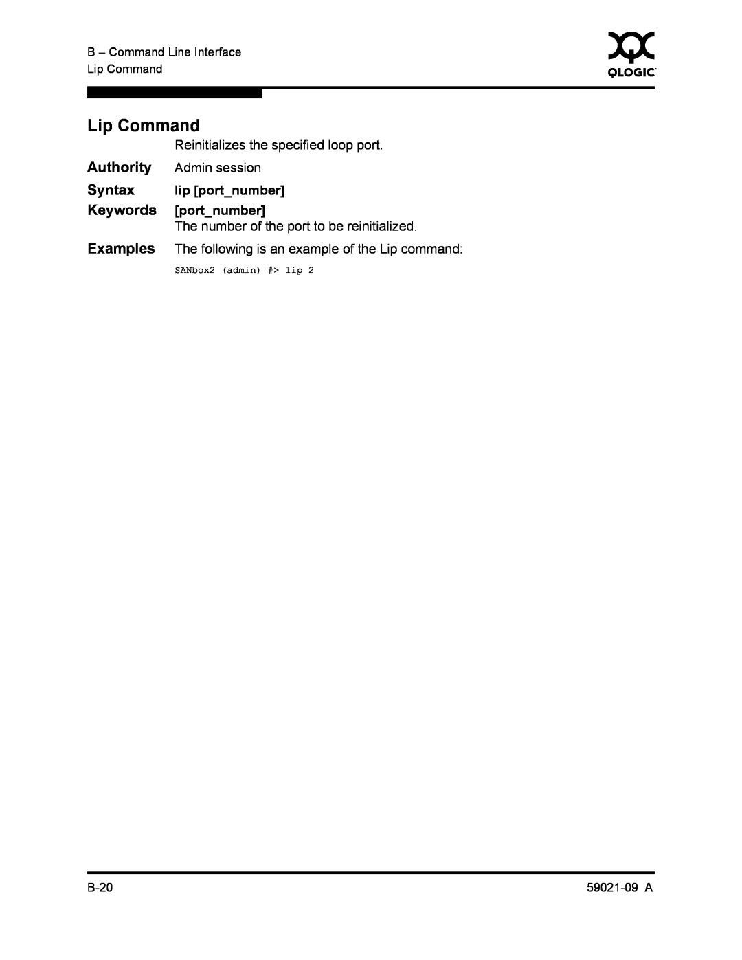 Q-Logic QLA2342, SB2A-16B manual Lip Command, Authority, Syntax, Keywords, Examples, SANbox2 admin # lip 