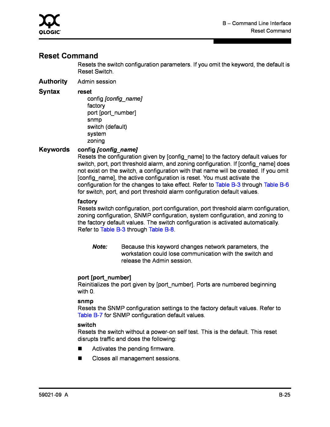 Q-Logic SB2A-16B manual Reset Command, config configname, Refer to Table B-3 through Table B-8, Authority, Syntax, Keywords 