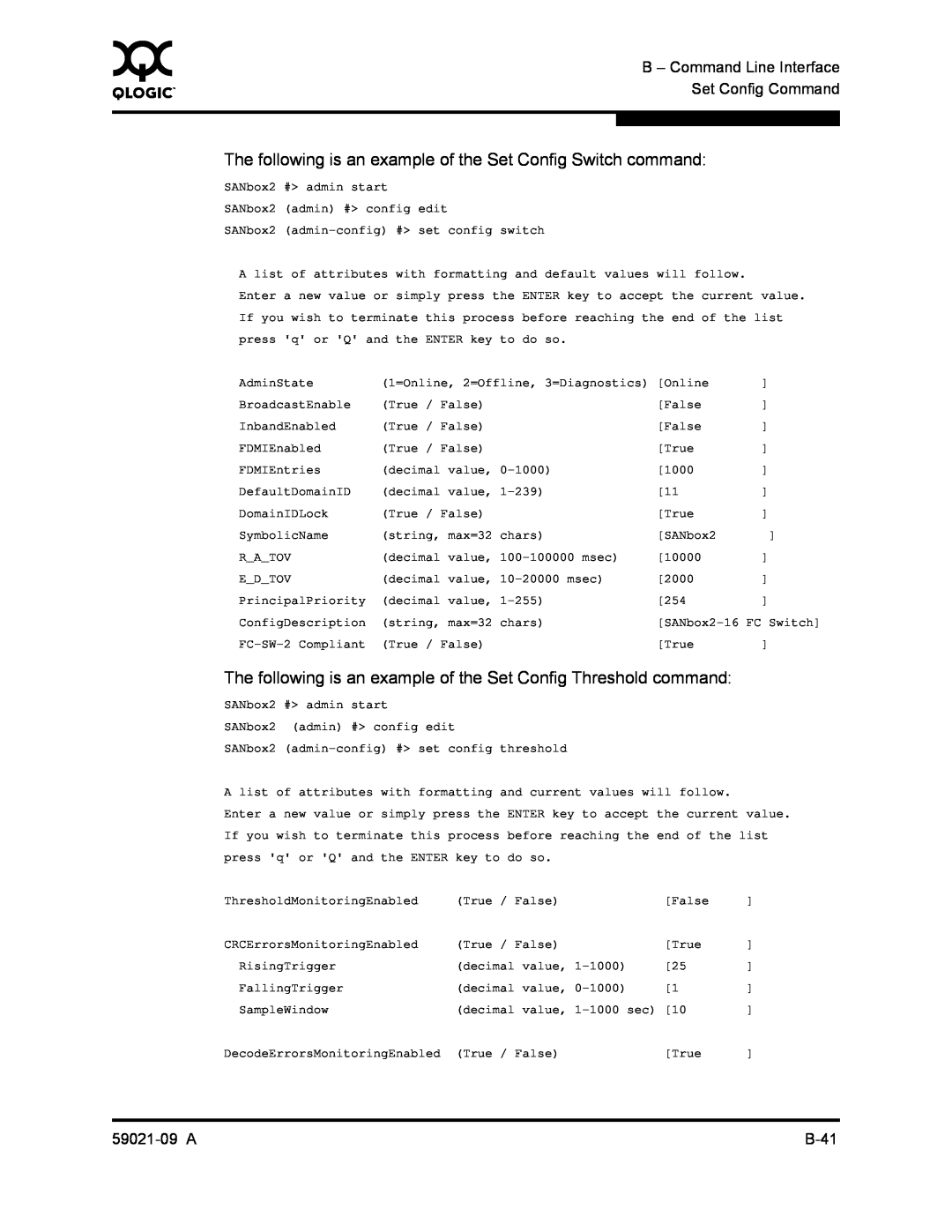 Q-Logic SB2A-16B The following is an example of the Set Config Switch command, B - Command Line Interface, 59021-09 A 