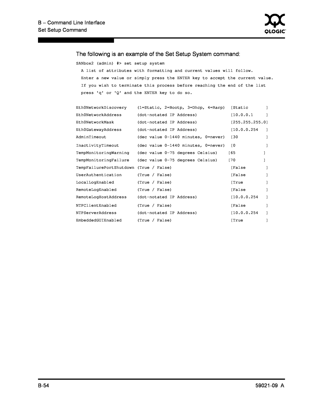 Q-Logic QLA2342 The following is an example of the Set Setup System command, B - Command Line Interface, Set Setup Command 