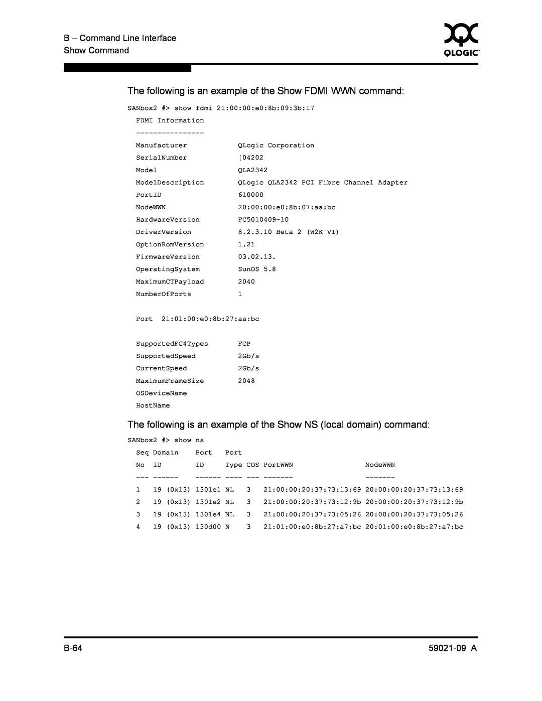 Q-Logic QLA2342 The following is an example of the Show FDMI WWN command, B - Command Line Interface, Show Command, B-64 