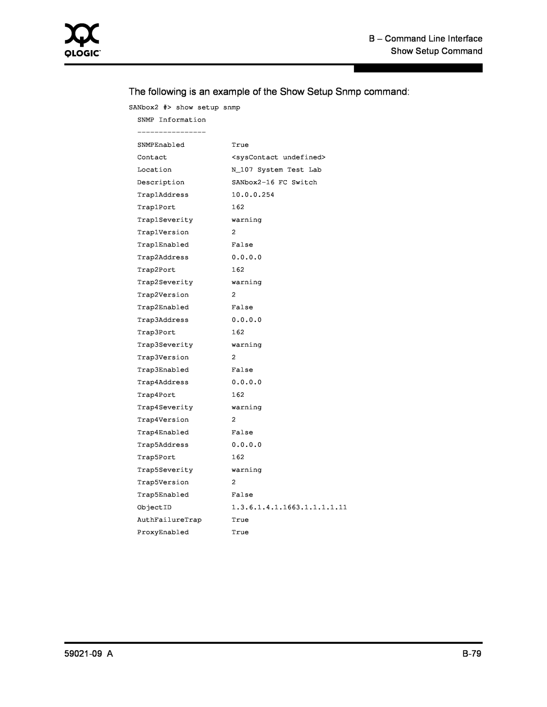 Q-Logic SB2A-16B The following is an example of the Show Setup Snmp command, B - Command Line Interface, 59021-09 A, B-79 