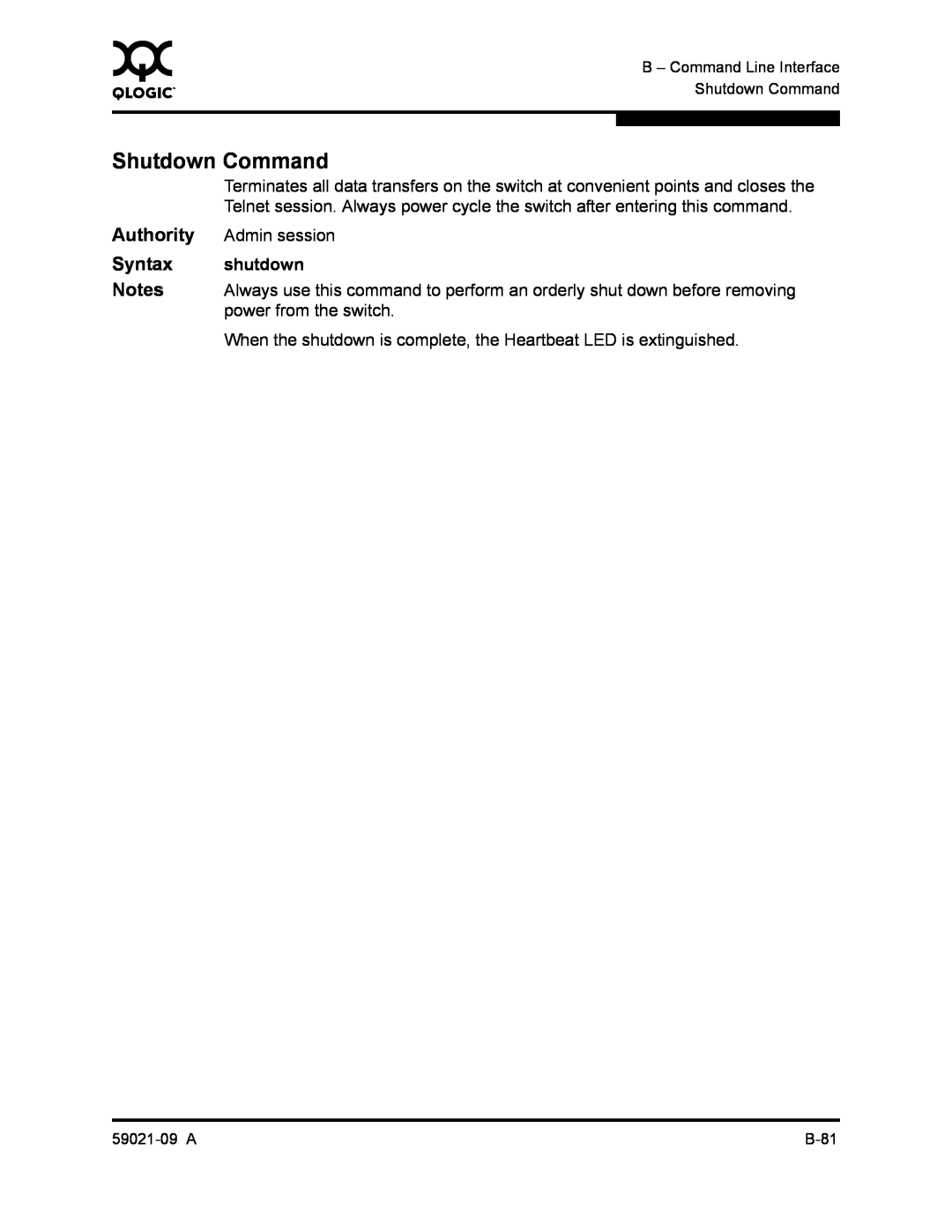 Q-Logic SB2A-16B, QLA2342 manual Shutdown Command, Authority, Syntax, shutdown 