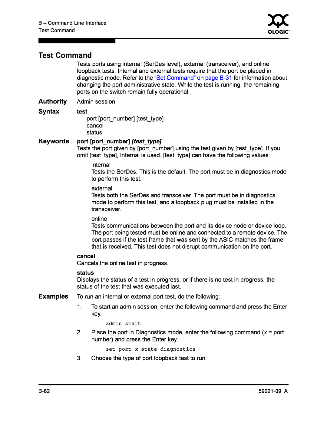 Q-Logic QLA2342, SB2A-16B manual Test Command, Authority, Syntax, Keywords, admin start, set port x state diagnostics 