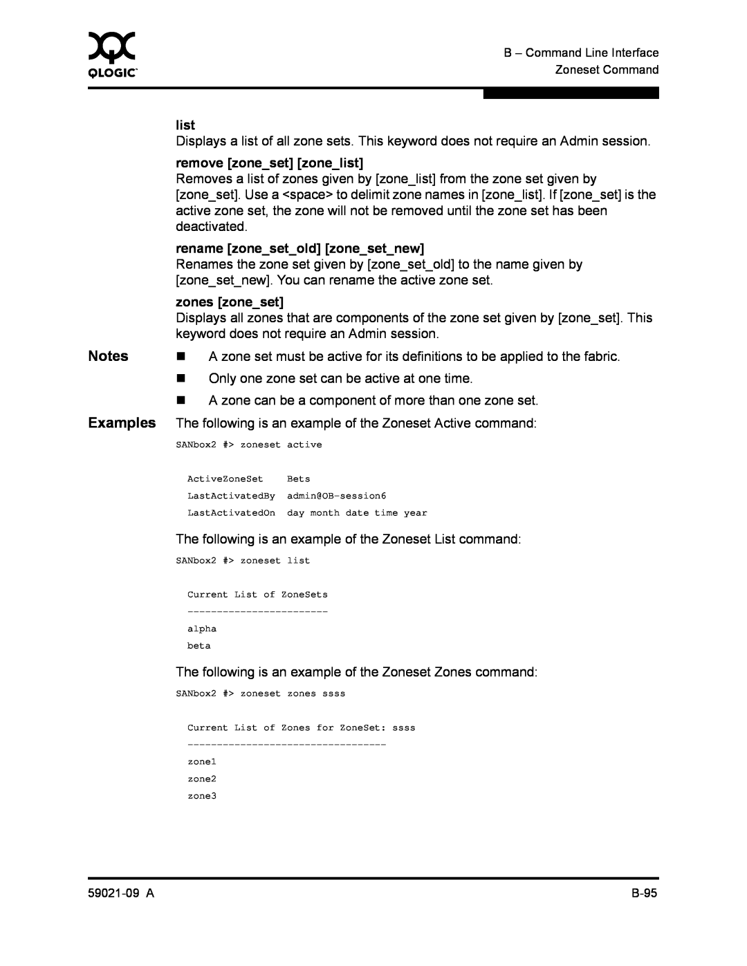 Q-Logic SB2A-16B, QLA2342 manual Removes a list of zones given by zonelist from the zone set given by 