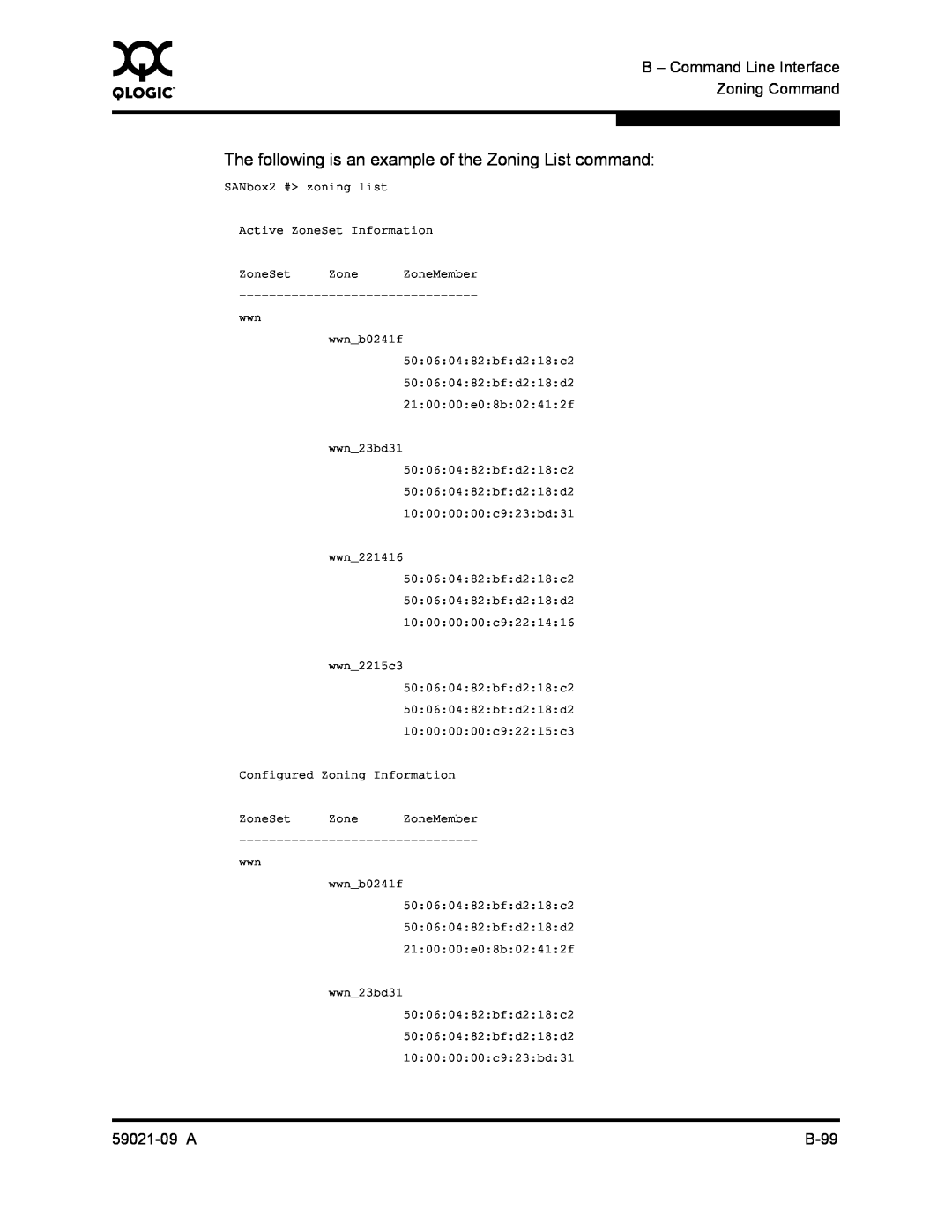 Q-Logic SB2A-16B The following is an example of the Zoning List command, B - Command Line Interface, Zoning Command, B-99 