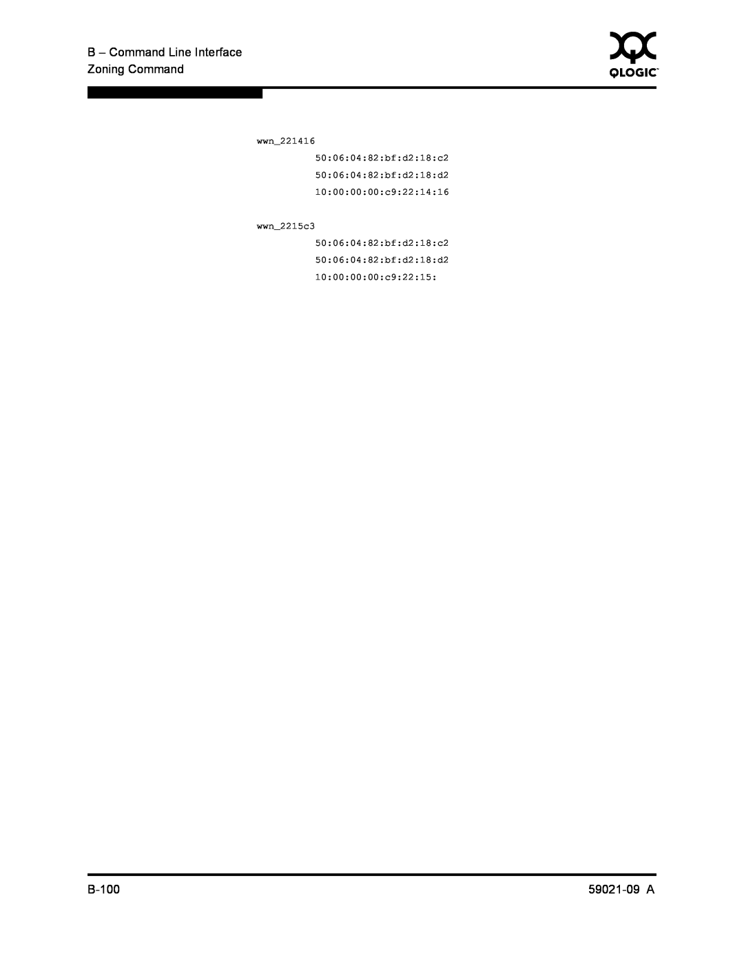 Q-Logic QLA2342, SB2A-16B manual B - Command Line Interface, Zoning Command, B-100, 59021-09 A 