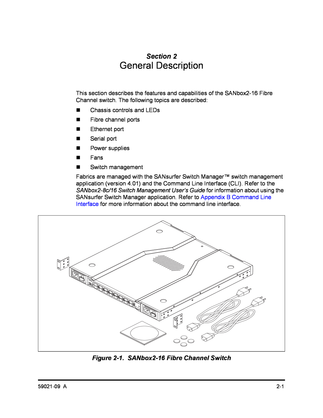 Q-Logic SB2A-16B, QLA2342 manual General Description, 1. SANbox2-16 Fibre Channel Switch, Section 