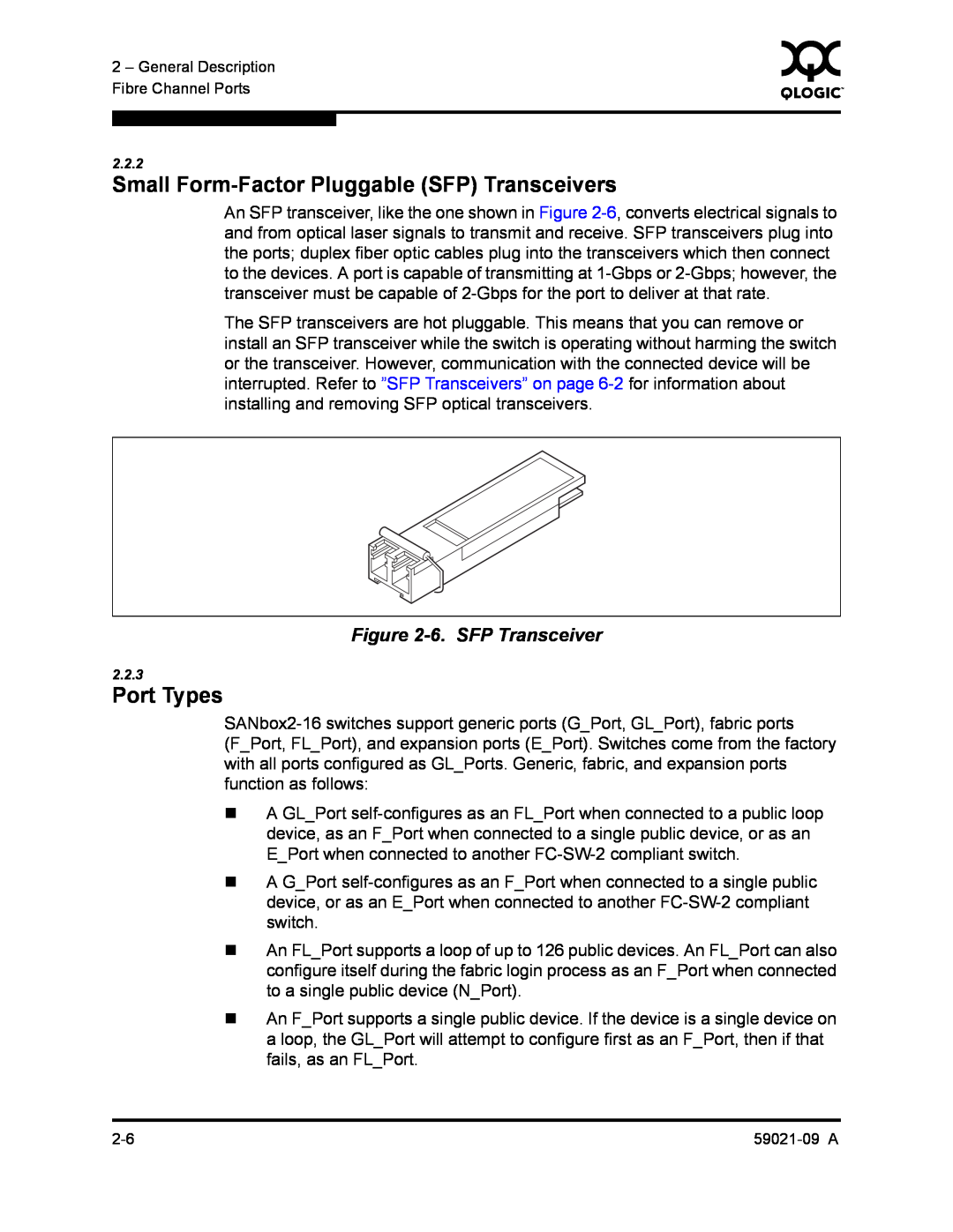 Q-Logic QLA2342, SB2A-16B manual Small Form-Factor Pluggable SFP Transceivers, Port Types, 6. SFP Transceiver 