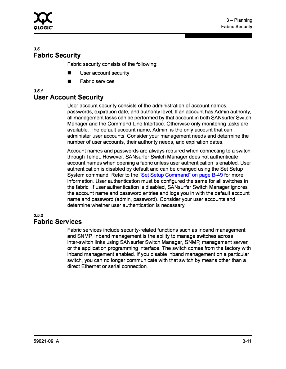 Q-Logic SB2A-16B, QLA2342 manual Fabric Security, User Account Security, Fabric Services 