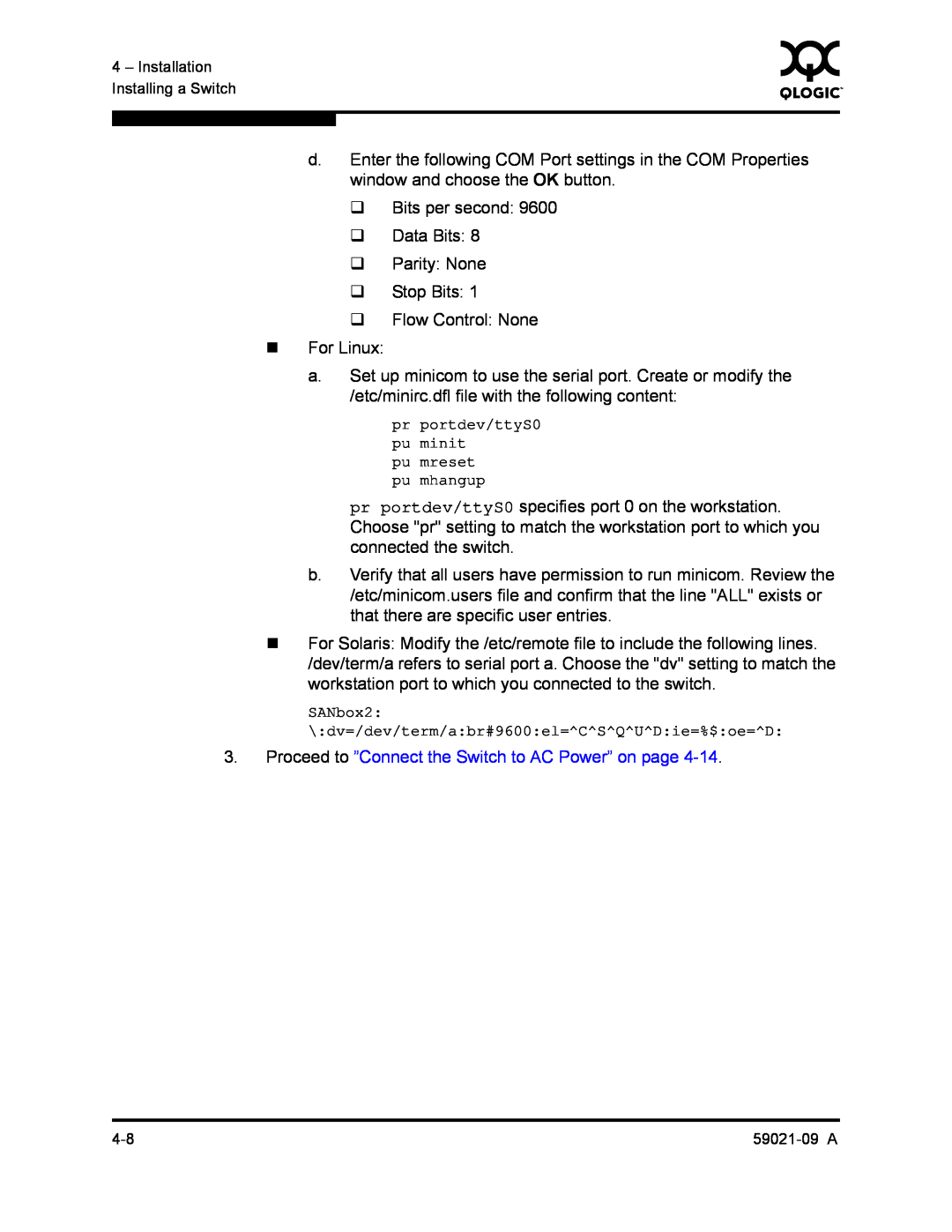 Q-Logic QLA2342, SB2A-16B manual Proceed to ”Connect the Switch to AC Power” on page 