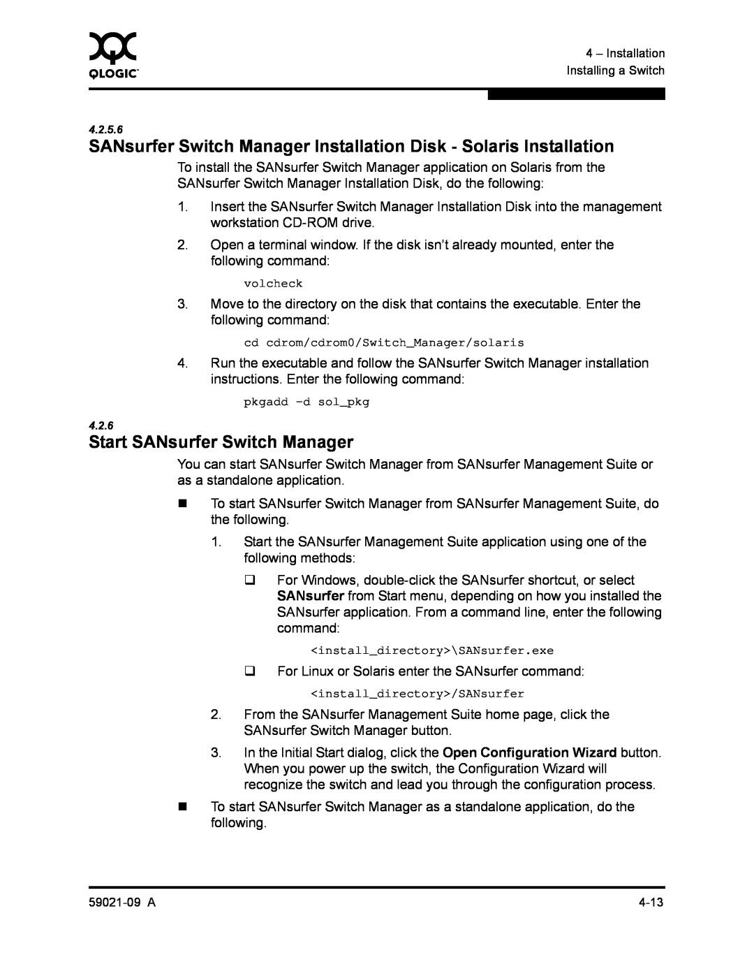 Q-Logic SB2A-16B manual SANsurfer Switch Manager Installation Disk - Solaris Installation, Start SANsurfer Switch Manager 
