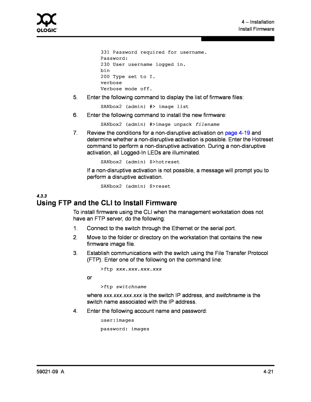 Q-Logic SB2A-16B, QLA2342 manual Using FTP and the CLI to Install Firmware 