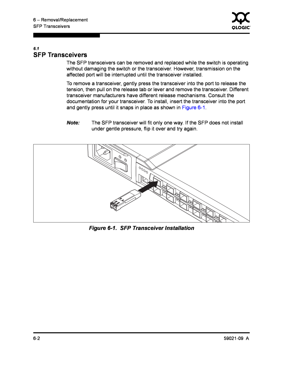 Q-Logic QLA2342, SB2A-16B manual SFP Transceivers, 1. SFP Transceiver Installation 