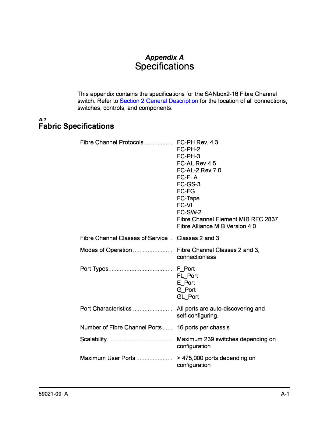 Q-Logic SB2A-16B, QLA2342 manual Fabric Specifications, Appendix A 