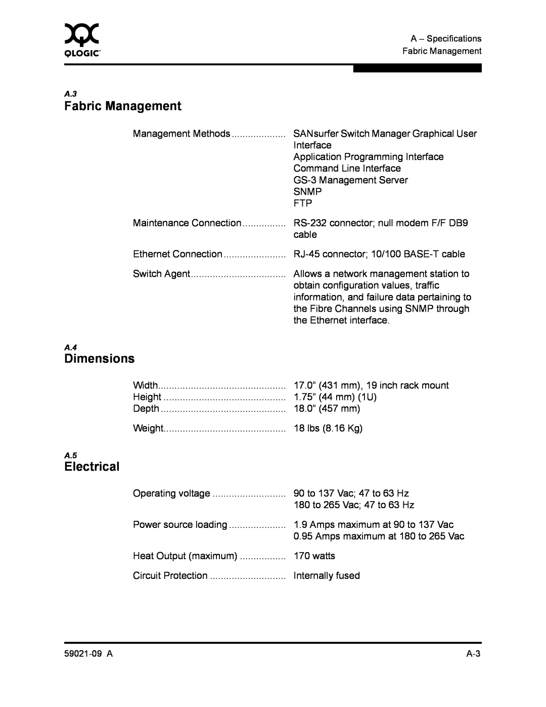 Q-Logic SB2A-16B, QLA2342 manual Dimensions, Electrical, Fabric Management 