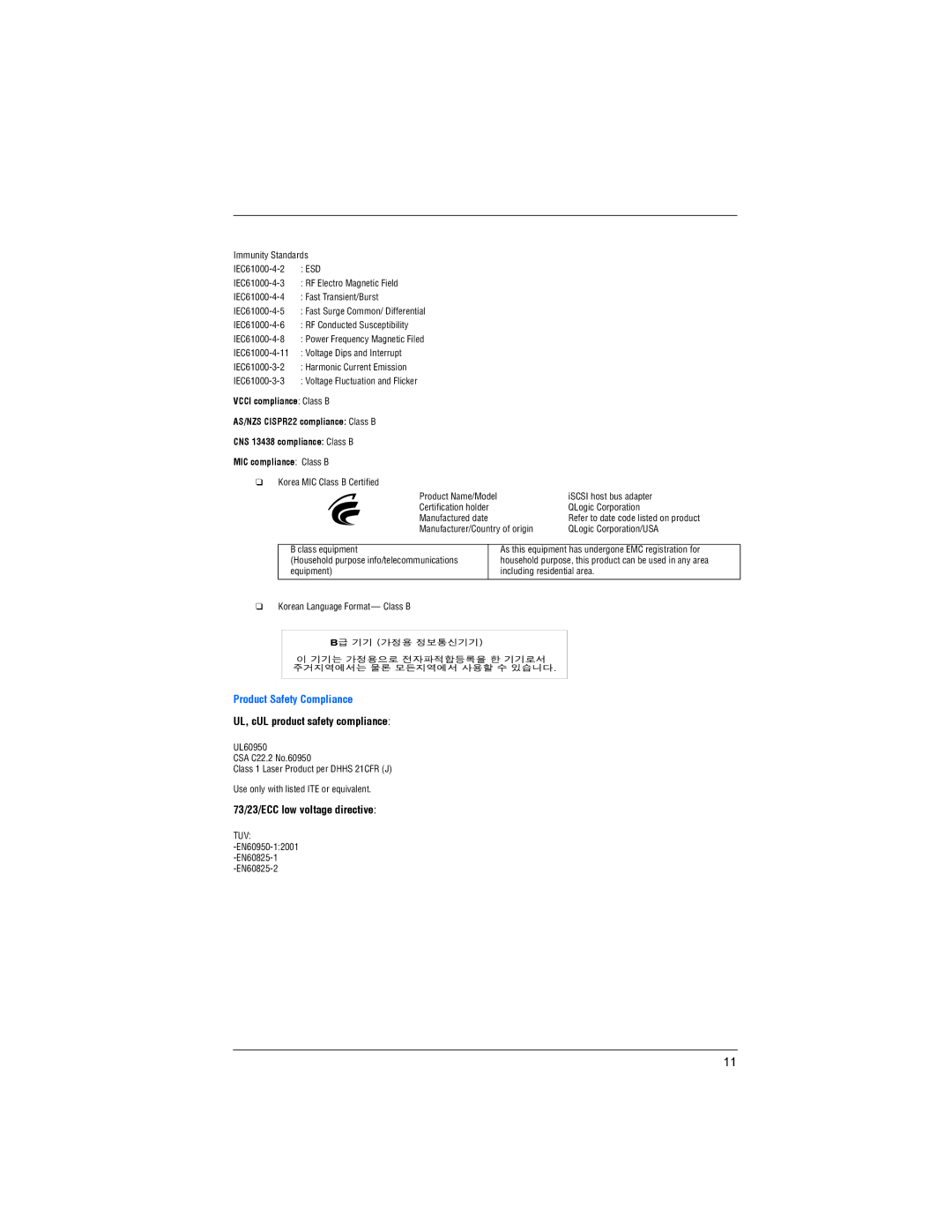 Q-Logic QLE4060C, QLA4050, 4 0 5 2 C, 4 0 6 2 C, 4 0 5 0 C UL, cUL product safety compliance, 73/23/ECC low voltage directive 