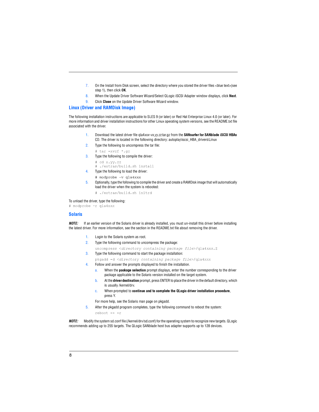 Q-Logic 4 0 6 2 C, QLA4050, QLE4060C, 4 0 5 2 C, 4 0 5 0 C quick start Linux Driver and RAMDisk Image, Solaris 