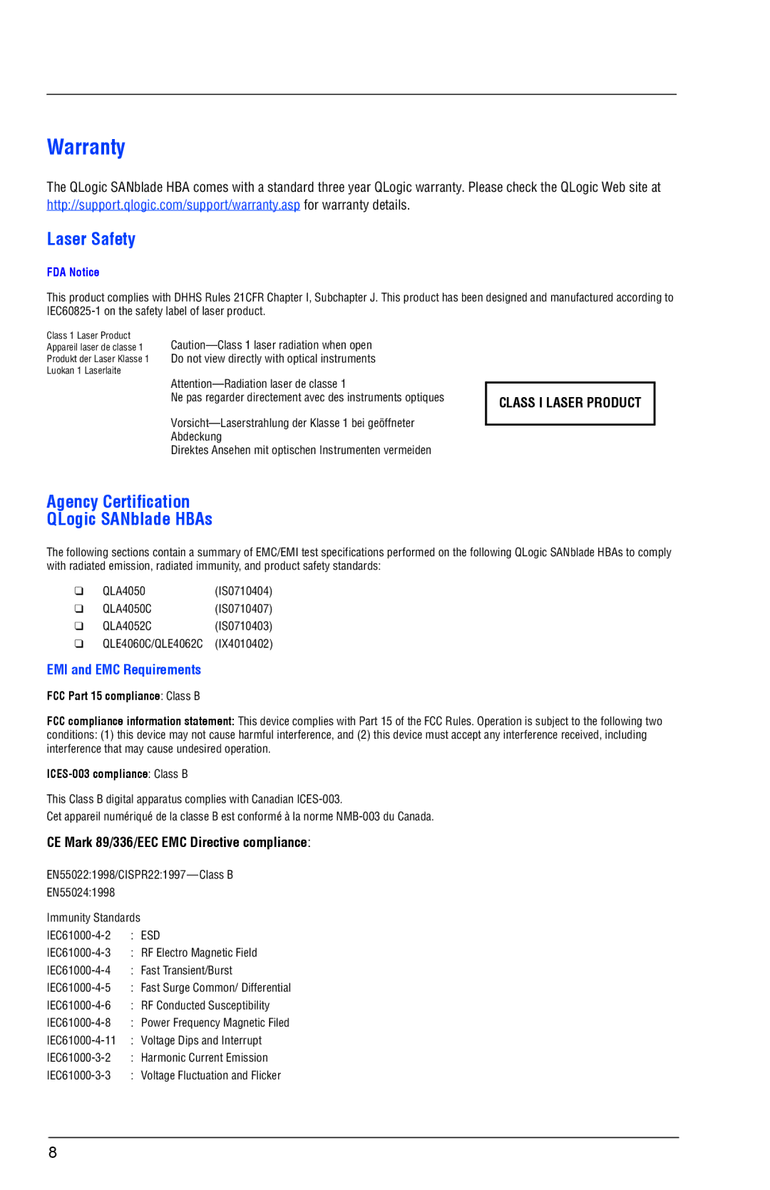 Q-Logic QLE4062C, QLA4050C Warranty, Laser Safety, Agency Certification QLogic SANblade HBAs, EMI and EMC Requirements 