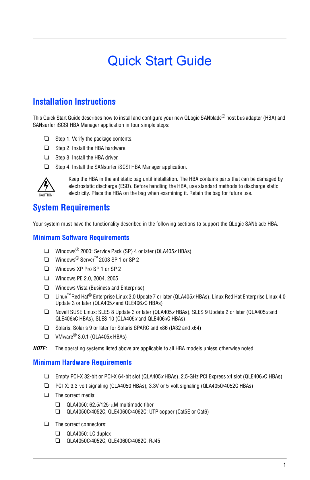 Q-Logic QL A 4 0 5 0, QLE4062C, QLA4050C Installation Instructions, System Requirements, Minimum Software Requirements 