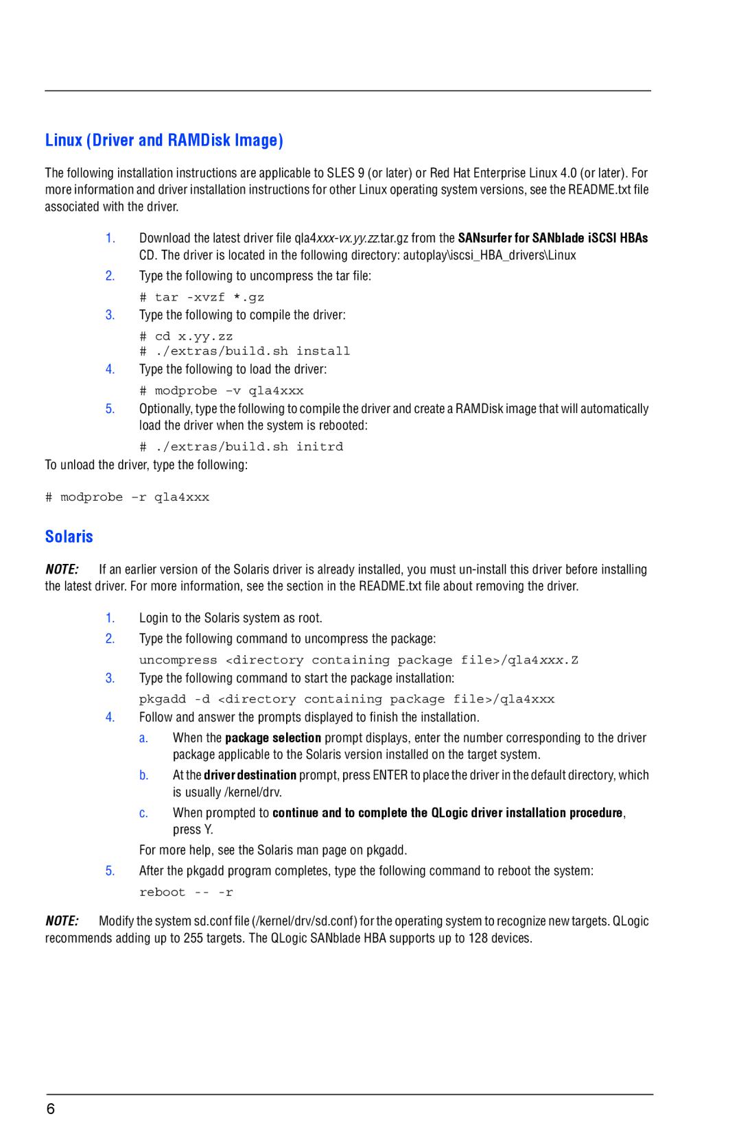 Q-Logic QL A 4 0 5 0, QLE4062C, Q L E 4 0 6 0 C, QLA4050C, QLA4052C quick start Linux Driver and RAMDisk Image, Solaris 