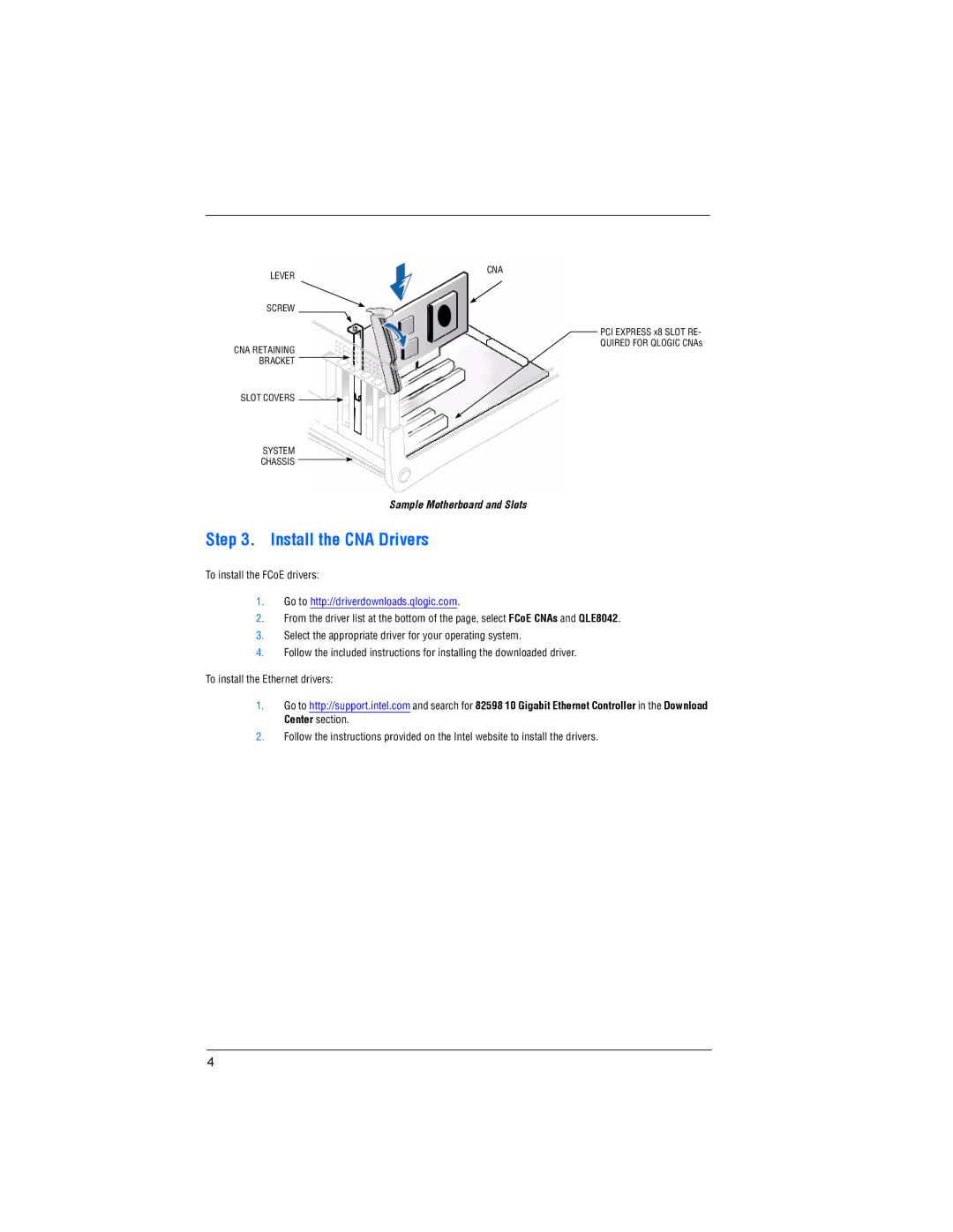 Q-Logic QLE8042 quick start Install the CNA Drivers, Go to http//driverdownloads.qlogic.com 