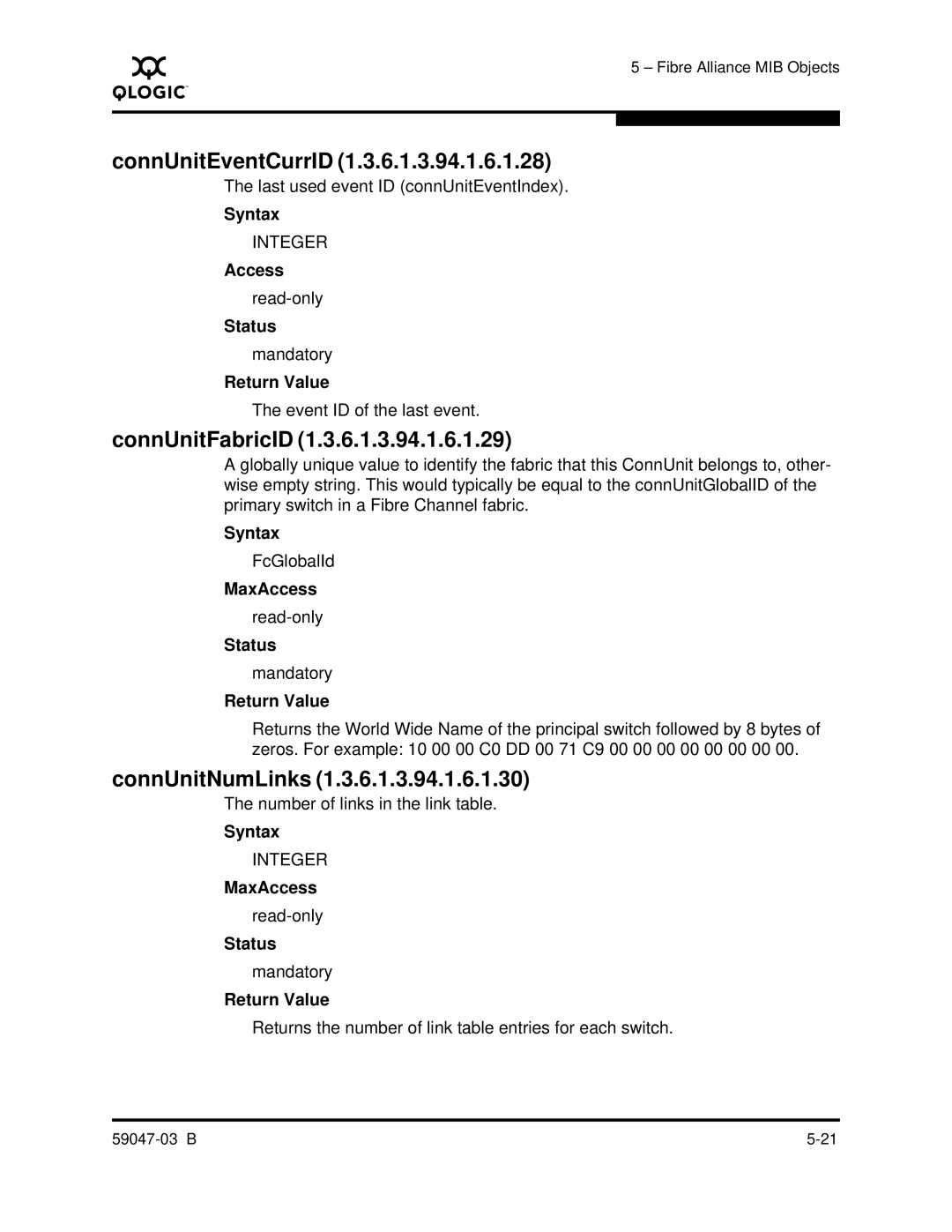 Q-Logic SANBOX2 manual ConnUnitEventCurrID, ConnUnitFabricID, ConnUnitNumLinks 