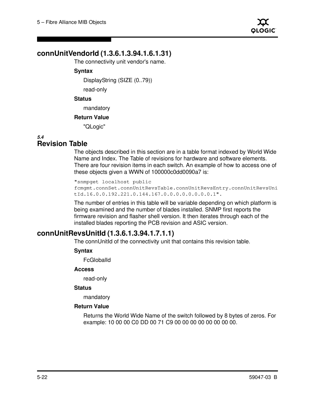 Q-Logic SANBOX2 manual ConnUnitVendorId, Revision Table, ConnUnitRevsUnitId 