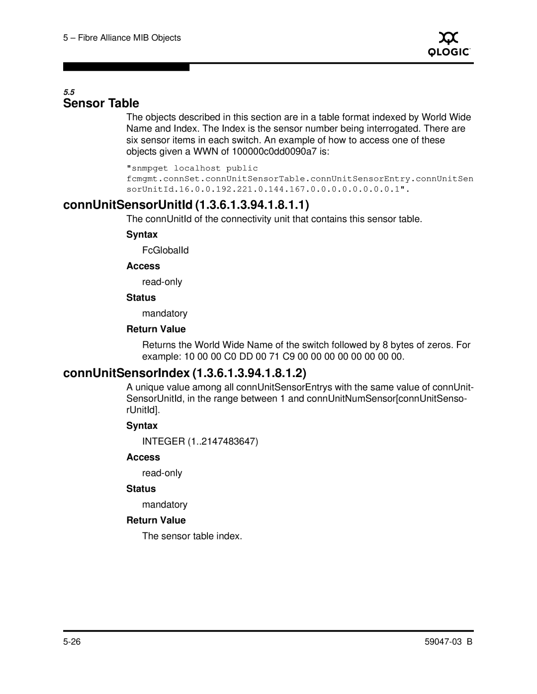 Q-Logic SANBOX2 manual Sensor Table, ConnUnitSensorUnitId, ConnUnitSensorIndex 