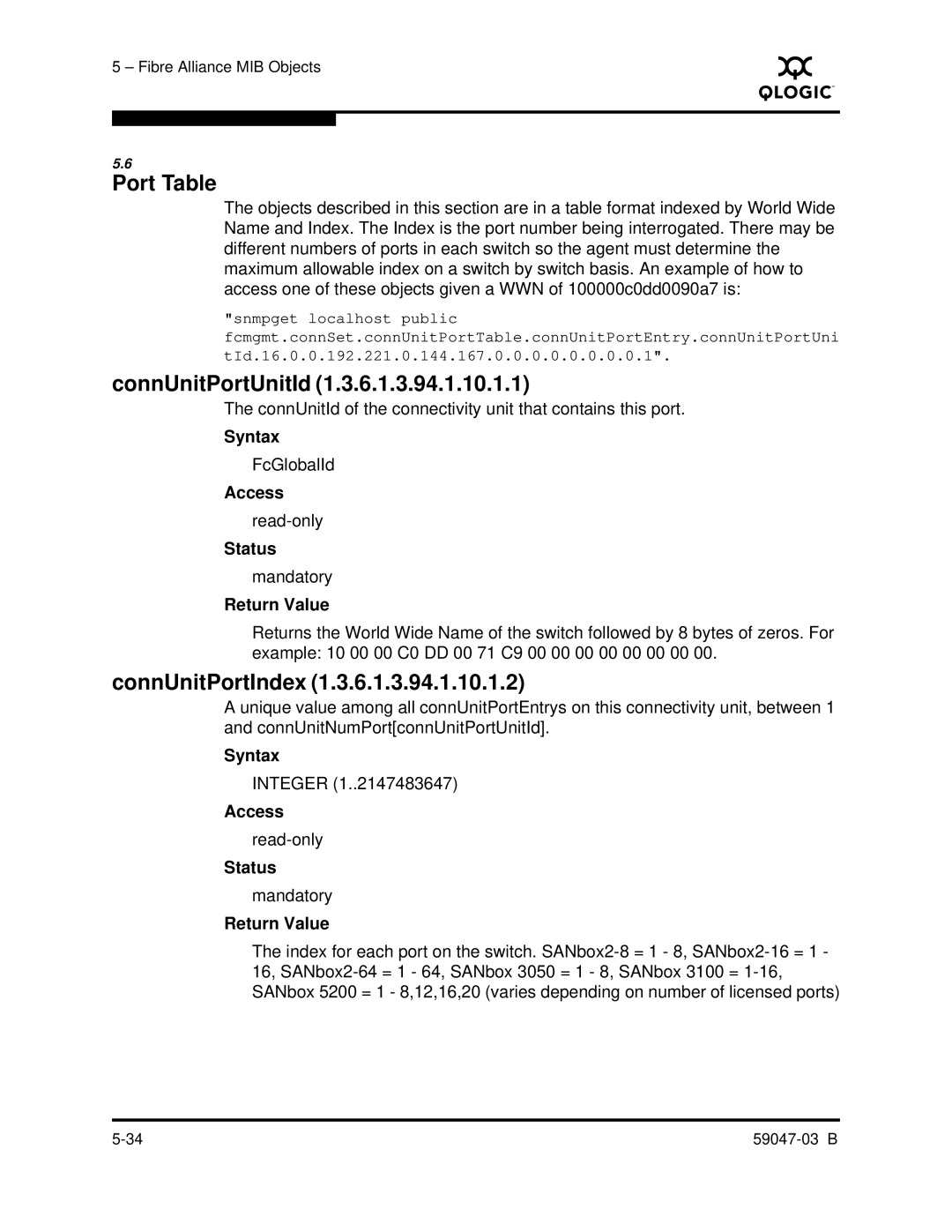 Q-Logic SANBOX2 manual Port Table, ConnUnitPortUnitId, ConnUnitPortIndex 