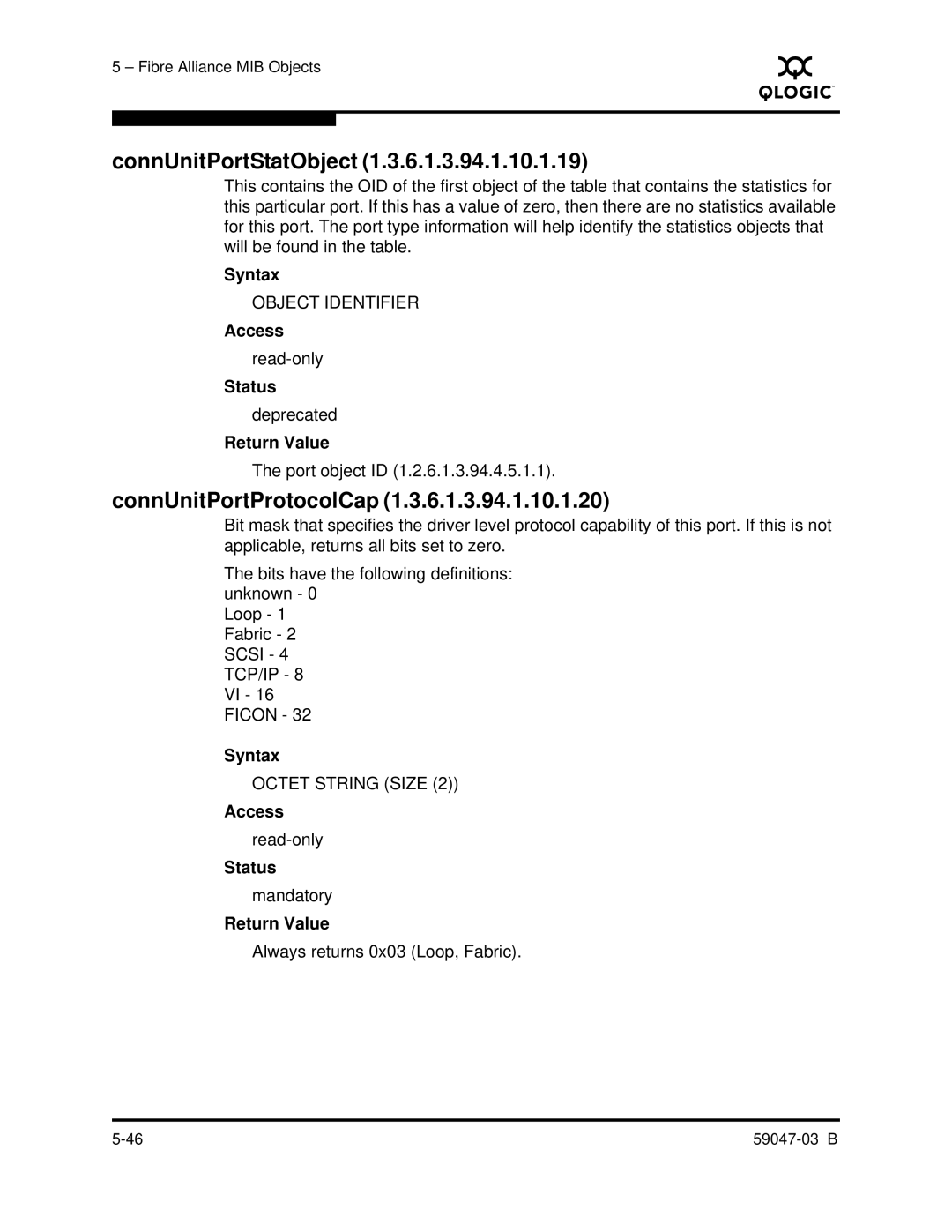 Q-Logic SANBOX2 manual ConnUnitPortStatObject, ConnUnitPortProtocolCap 