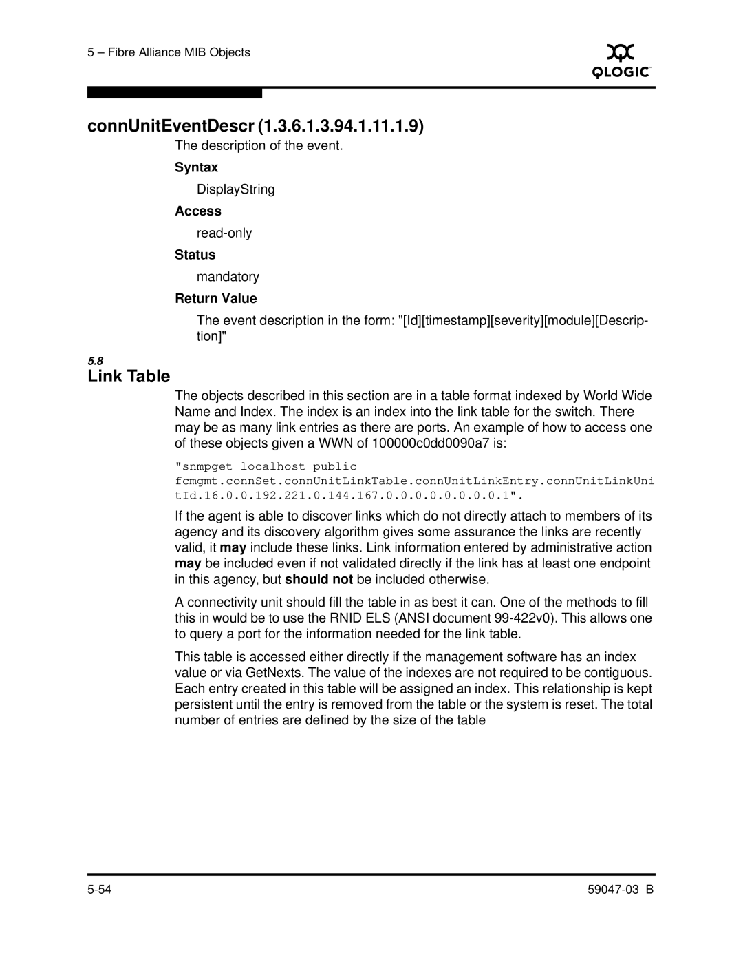 Q-Logic SANBOX2 manual ConnUnitEventDescr, Link Table 