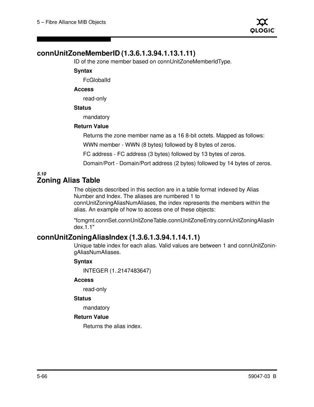 Q-Logic SANBOX2 manual ConnUnitZoneMemberID, Zoning Alias Table, ConnUnitZoningAliasIndex 